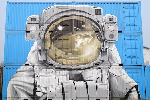 Astronaut mural painted on blue shipping containers, blending art and urban environment.